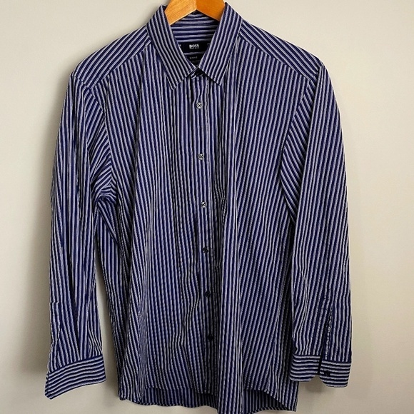 Boss Hugo Boss Navy/Silver Striped Men's Button-Up Long Sleeve Shirt Size Large‎ - Picture 1 of 11
